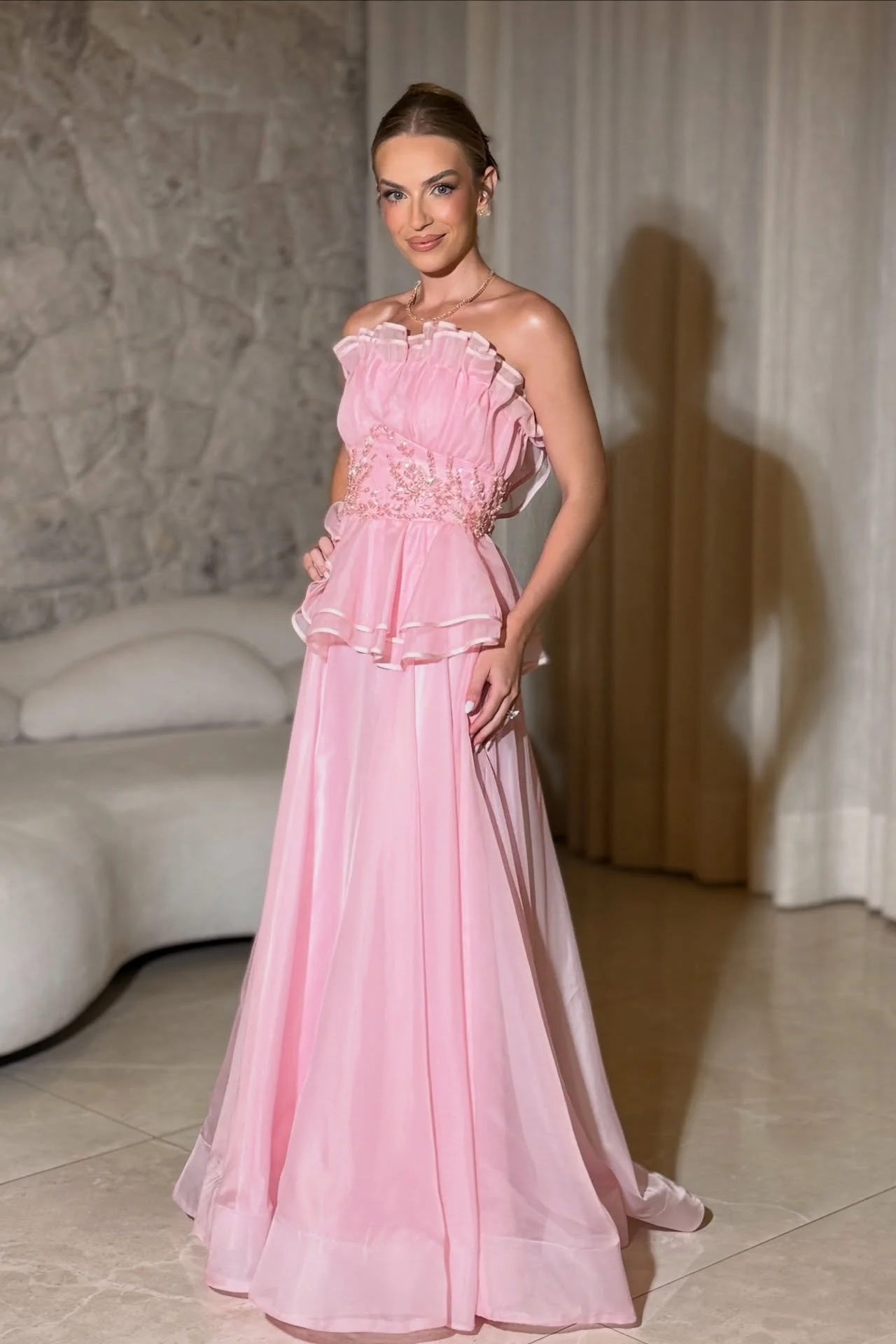 Lussooy Lovely Strapless Pink Evening Dress in Tulle Pleated With Beading