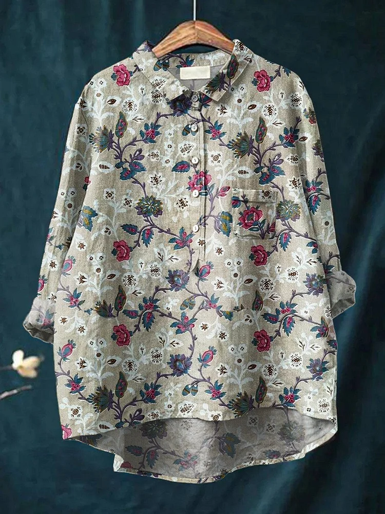 Women's Floral Art Print Casual Cotton And Linen Shirt