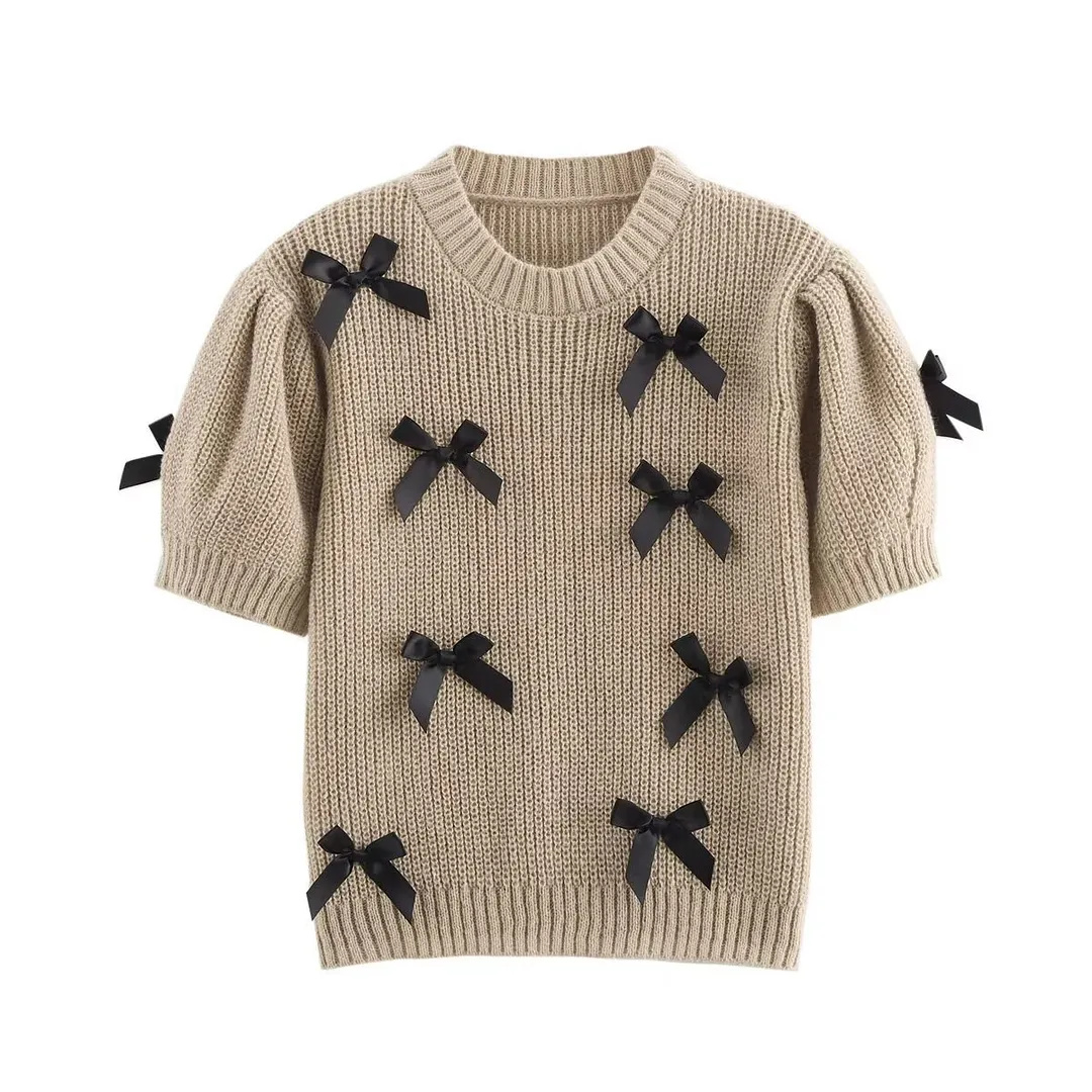 Nigikala Nigikala Autumn Women's Round Collar Bow Decoration Short Solid Color Sweater B88739