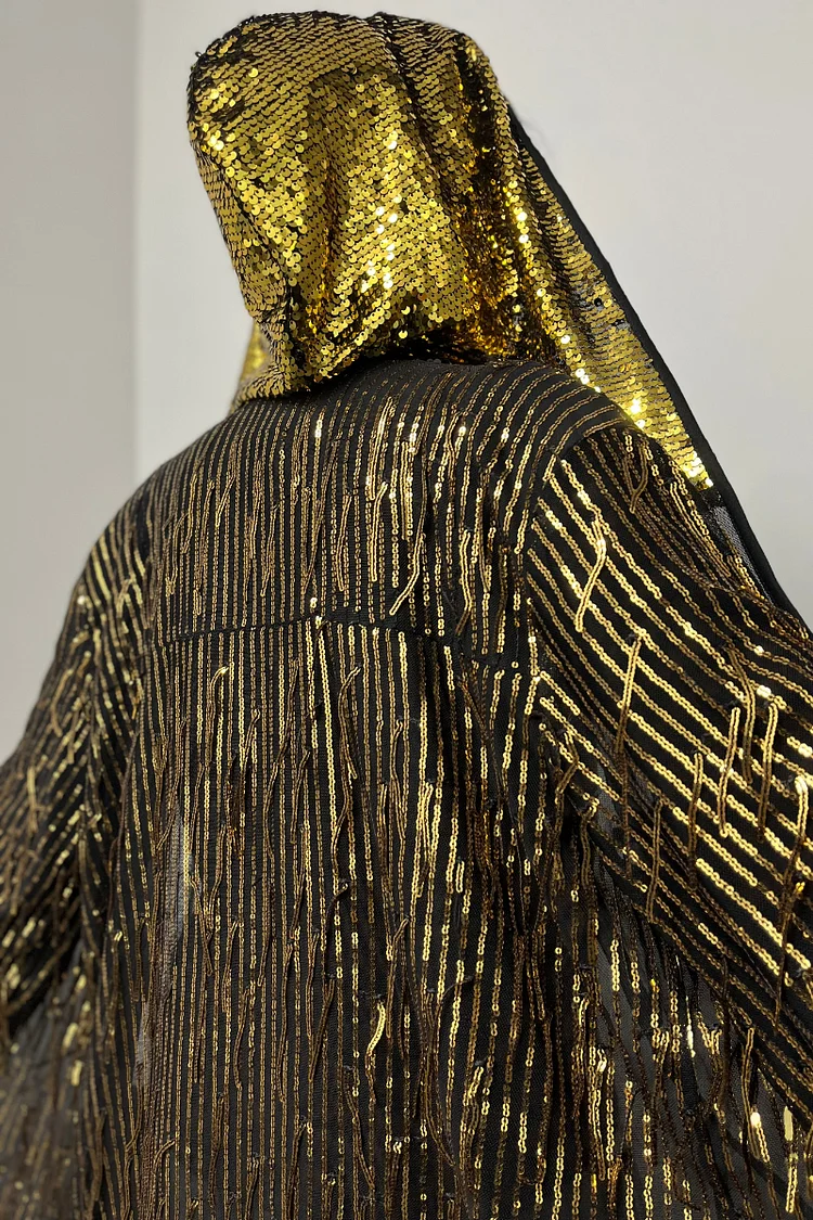 Ciciful Unisex Sequins Fringe Long Sleeve Gold Hood Festival Kimono Robe