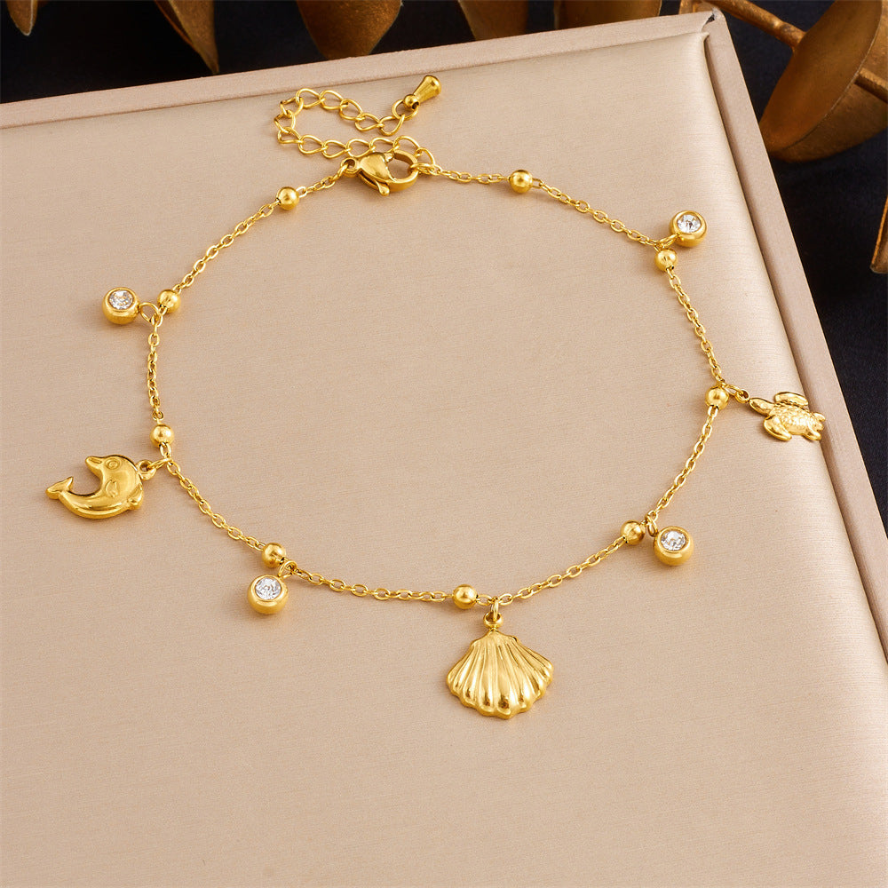 Korean Style Fashion Stacking Double Chain Diamond Cherry Starfish Flower Star Moon Pendant Stainless Steel Anklet Female
