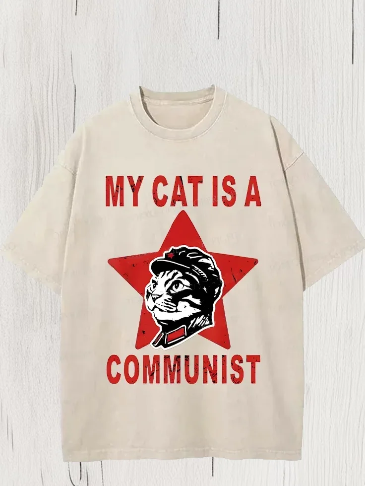 Men's My Cat Is A Communist Red Star Print Cotton Washed T-Shirt