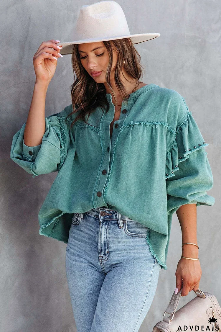 Lantern Sleeve Nail Bead Ruffled Denim Tops