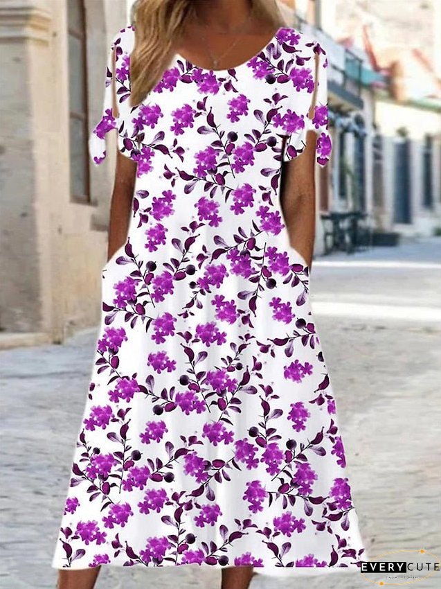 Casual Dress Floral Summer Ditsy Pocket Cold Shoulder Neck Midi Fashion Streetwear Outdoor