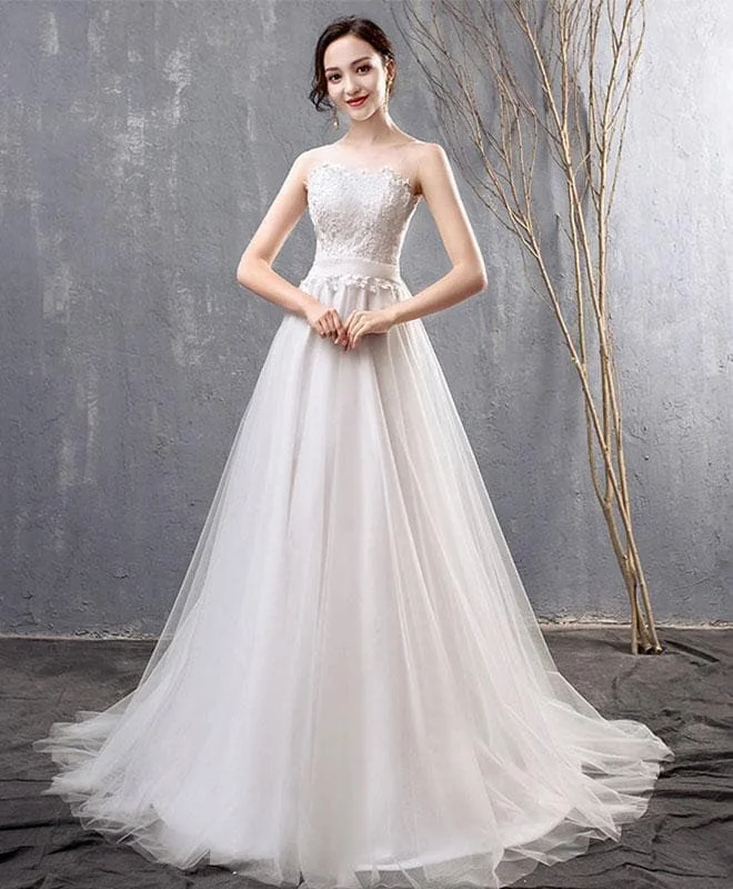 White Lace Tulle Long Prom Dress, Wedding Dress