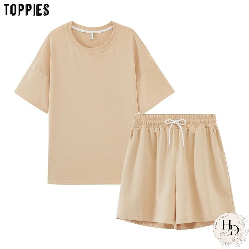 Toppies Summer Tracksuits Womens Two Peices Set Leisure Outfits Cotton Oversized T-shirts High Waist Shorts Candy Color Clothing