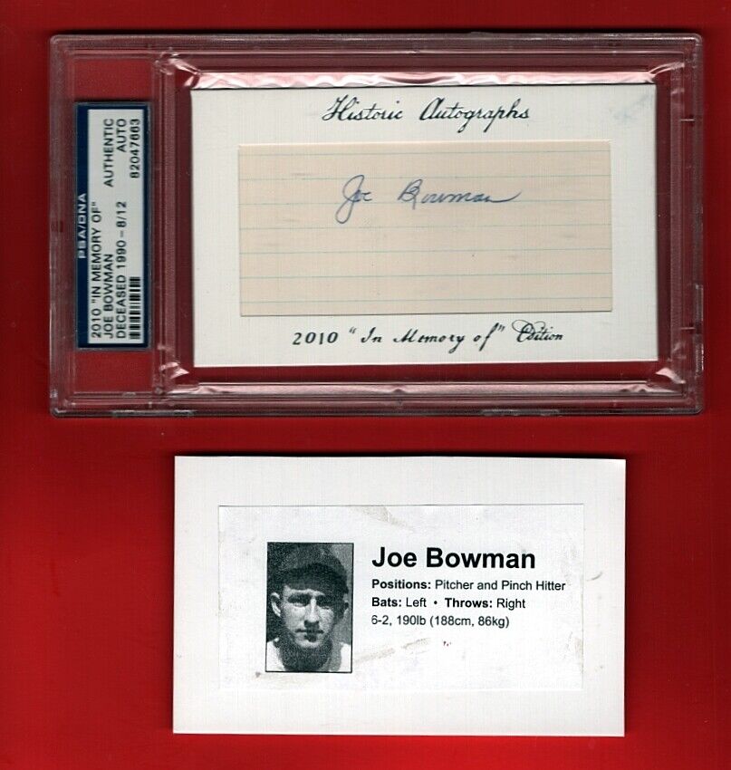 1934 JOE BOWMAN-NY GIANTS ENCASED AUTOGRAPHED 3X5-W/PIC-PSA-(d.1990)