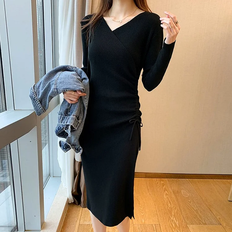 Plain Knitted Lace-Up Long Sleeve Dresses QueenFunky