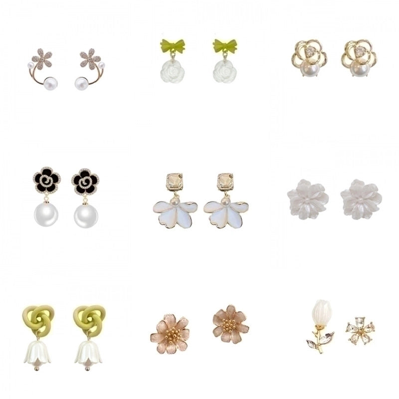 3 Pieces Sweet Heart Shape Rose Flower Inlay Imitation Pearl Alloy Rhinestones Earrings