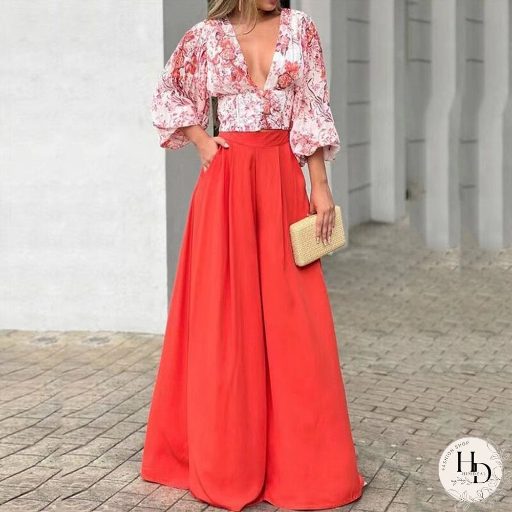 Sexy V-neck Print Blouse And Long Pants Outfits Women Elegant Puff Sleeve Two Piece Suit