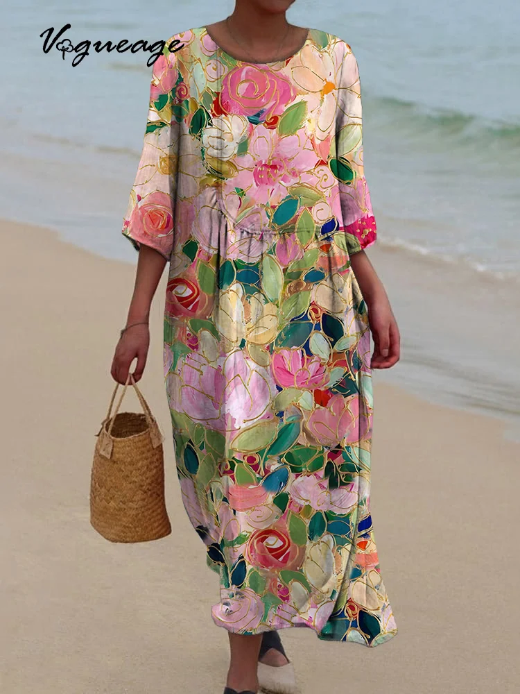 Gorgeous And Beautiful Flowers Printed Women's Casual Cotton And Linen Dress