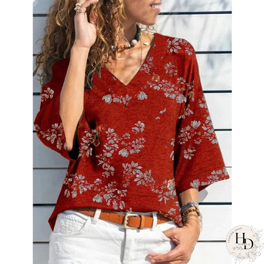 Women Fashion V Neck Autumn Tops Casual Floral Printed Three-quarter Sleeve Shirt Summer Loose T-shirt Spring Blouses