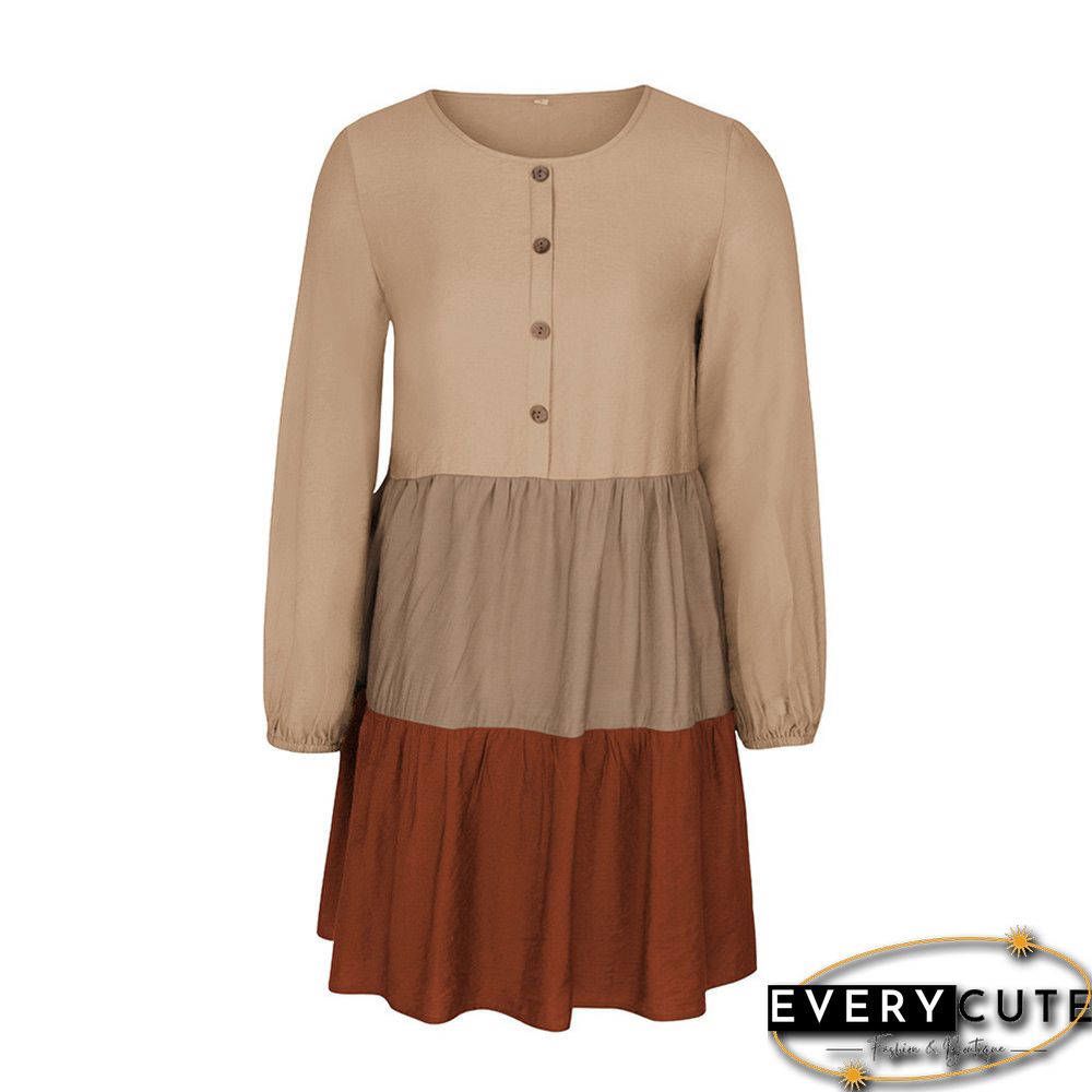 Orange Colorblock Button Up Long Sleeve Dress