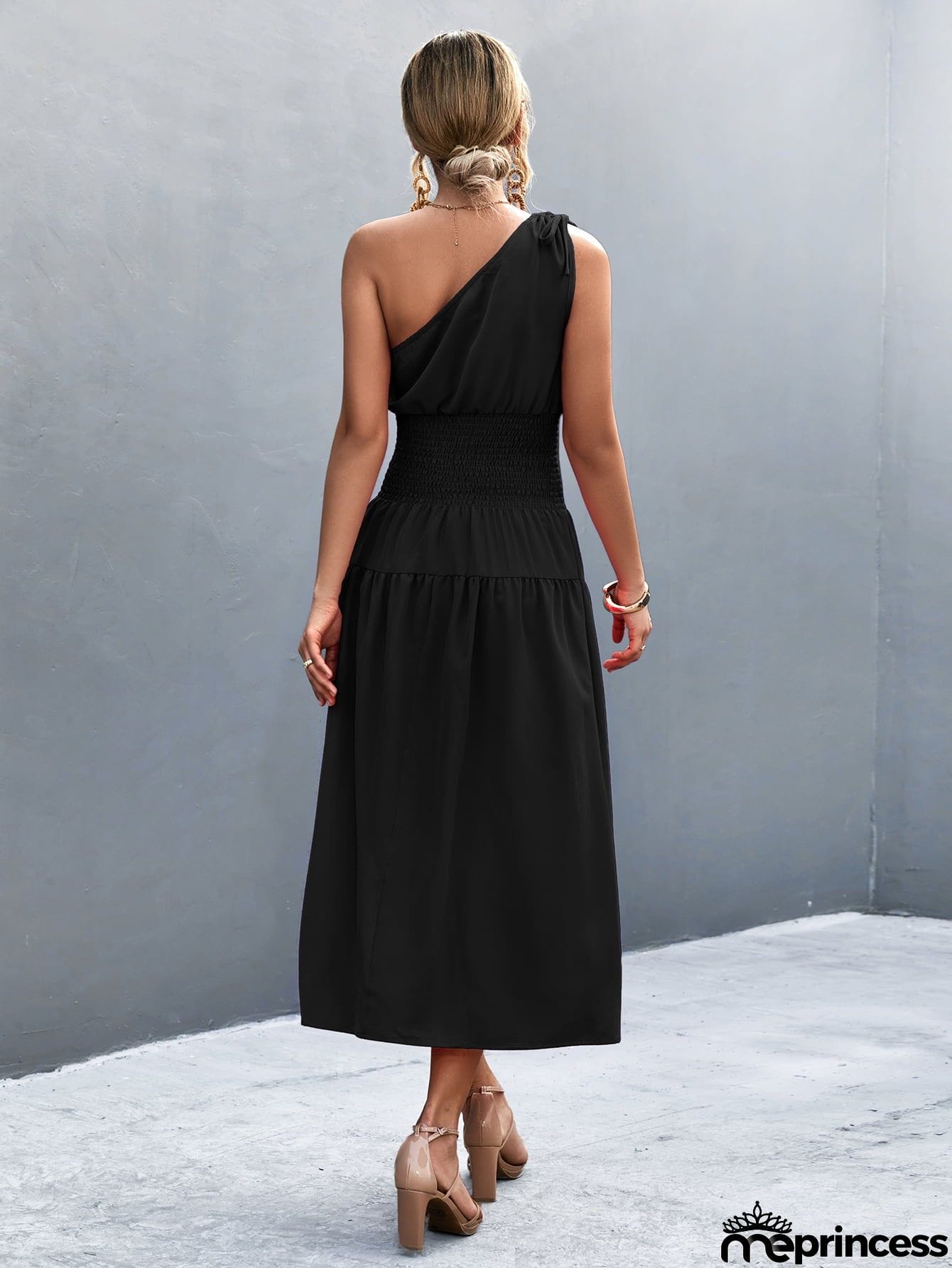 Asymmetrical One Shoulder Smocked Waist Midi Dress
