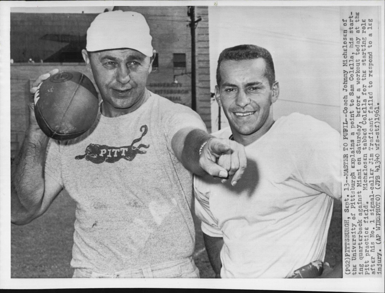 University of Pittsburgh QB Sam Colella Coach Michelosen 1961 Press Wire Photo Poster painting