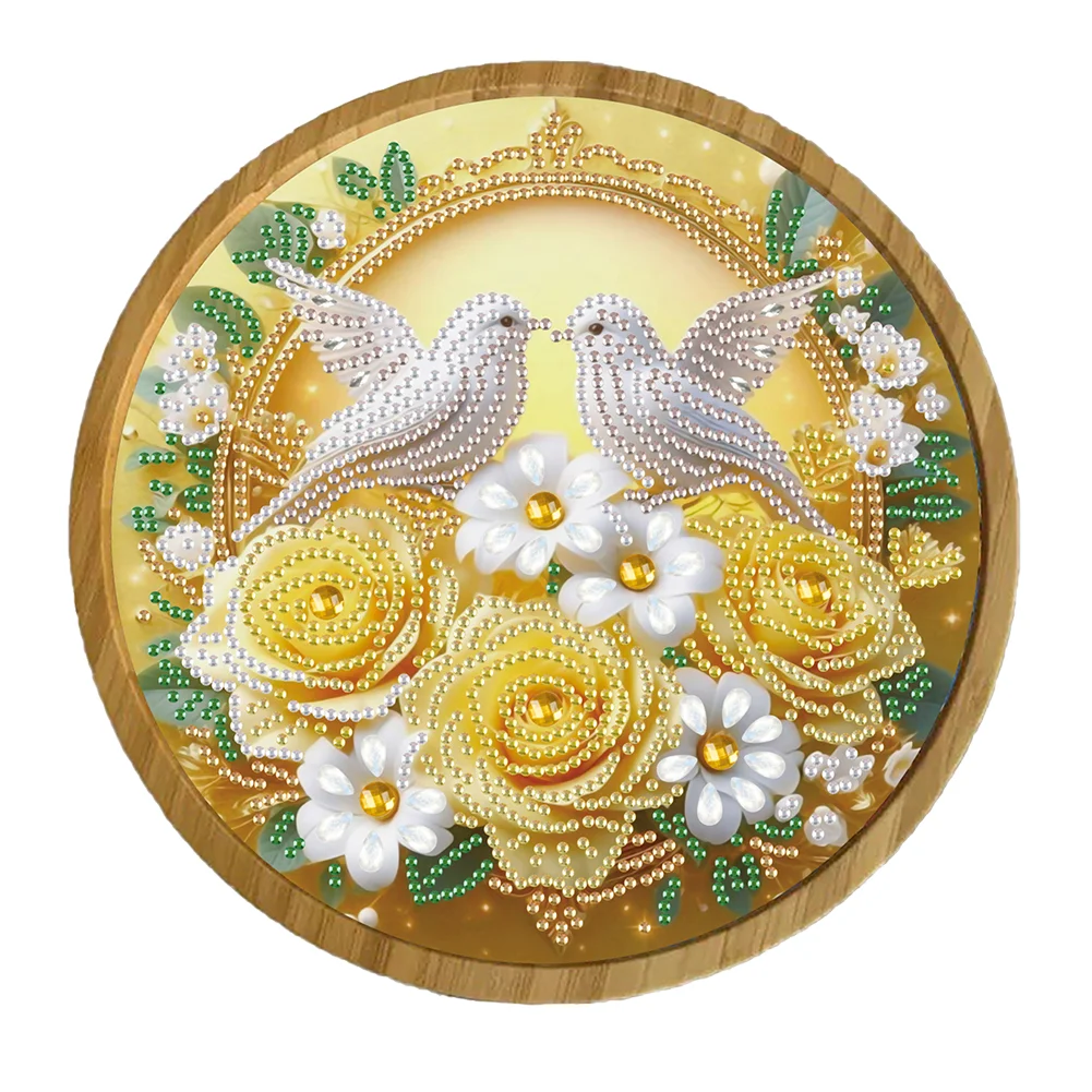 DIY Diamond Painting Kit Round Wooden Tray Diamond Painting Tray (Flower Bird A)