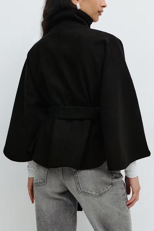 Women's Plain Front Buckle Belted Woolen Cape Coat, Casual Fall & Winter Outerwear, Stylish Daily Wear for Dating, Jackets