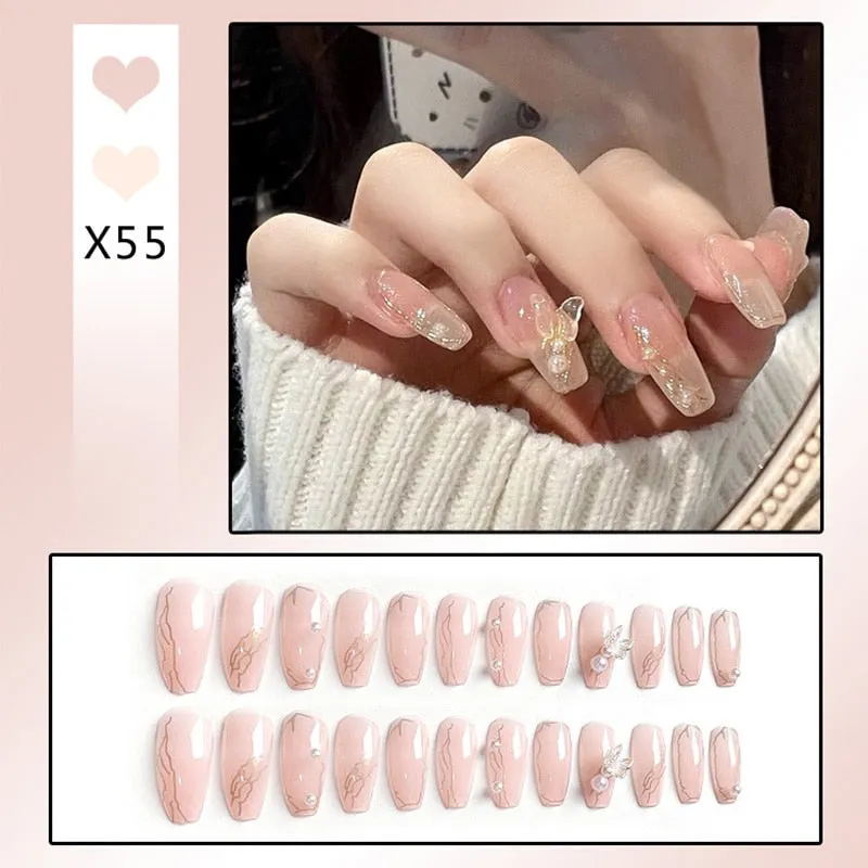 24pcs Butterfly decorated false nails Removable Long Paragraph Fashion Manicure press on nail tips full cover acrylic for girls-Nail Inspo