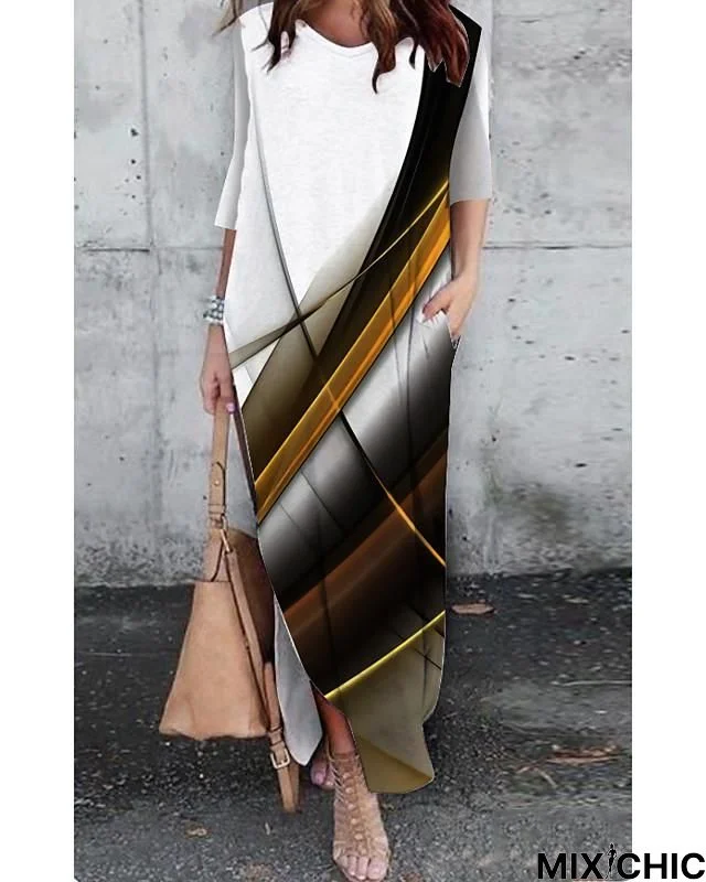 Women's Shift Dress Maxi Long Dress 3/4 Length Sleeve Color Gradient Color Block Geometric Print Spring Summer Casual White Dresses