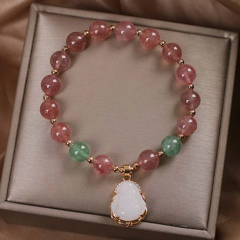 Natural Strawberry Quartz Jade Buddha Protection Healing Bracelet