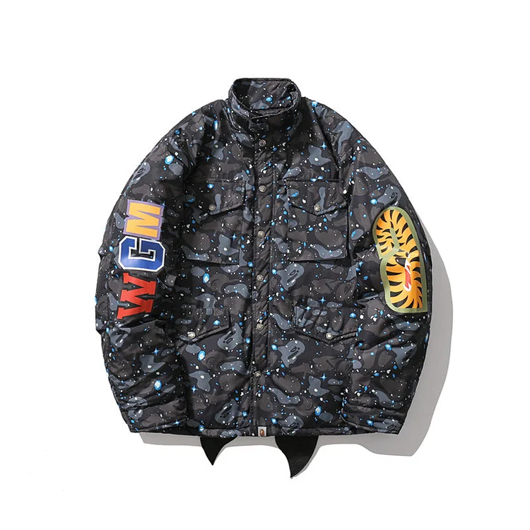 BAPE Varsity Jacket Shark Head Starry Sky Cotton-Padded Coat Men's Casual Jacket Coat Autumn and Winter