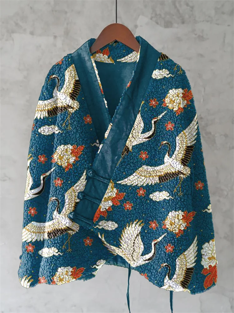 Vintage Japanese Crane Floral Art Wool Kimono Cardigan