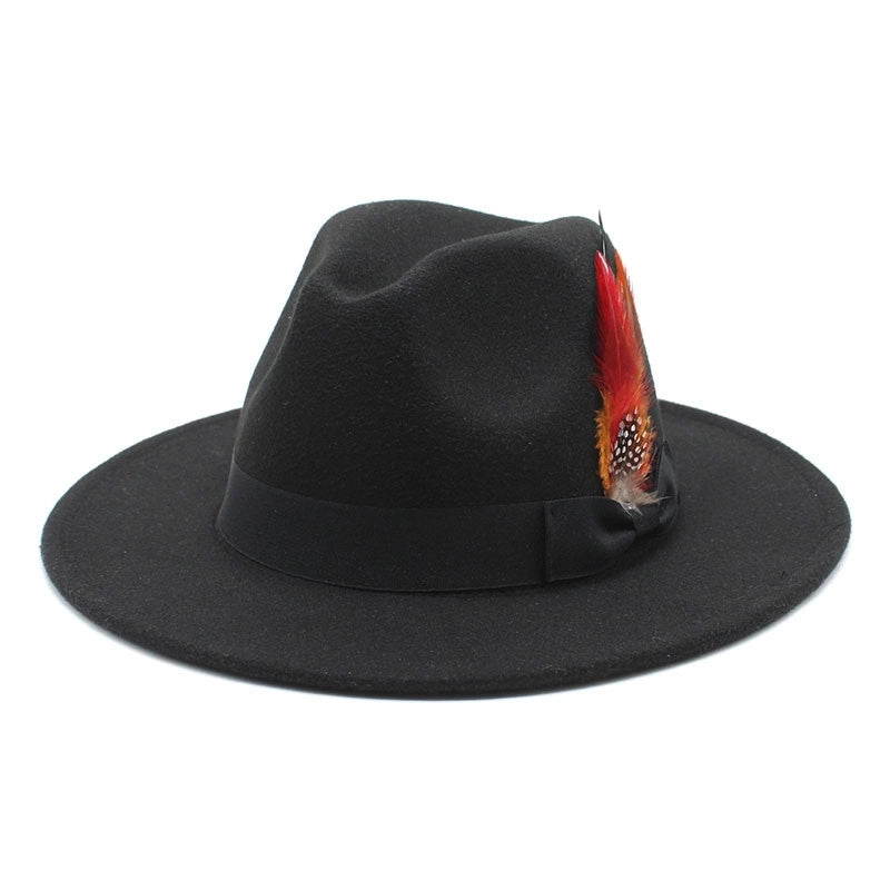 Bow Feather Top Hat Autumn And Winter Big Brim Hat Fashionable Men's And Women's Cashmere Felt Hat Style New Hats