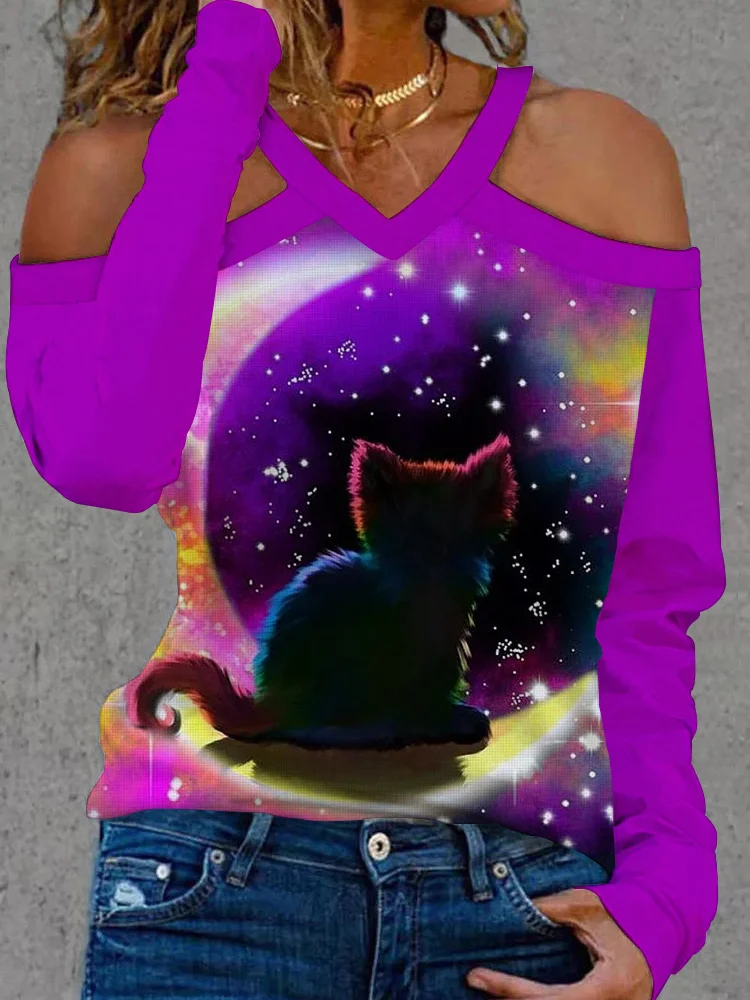 Cat Under The Moon Art Hollow Shoulder T Shirt