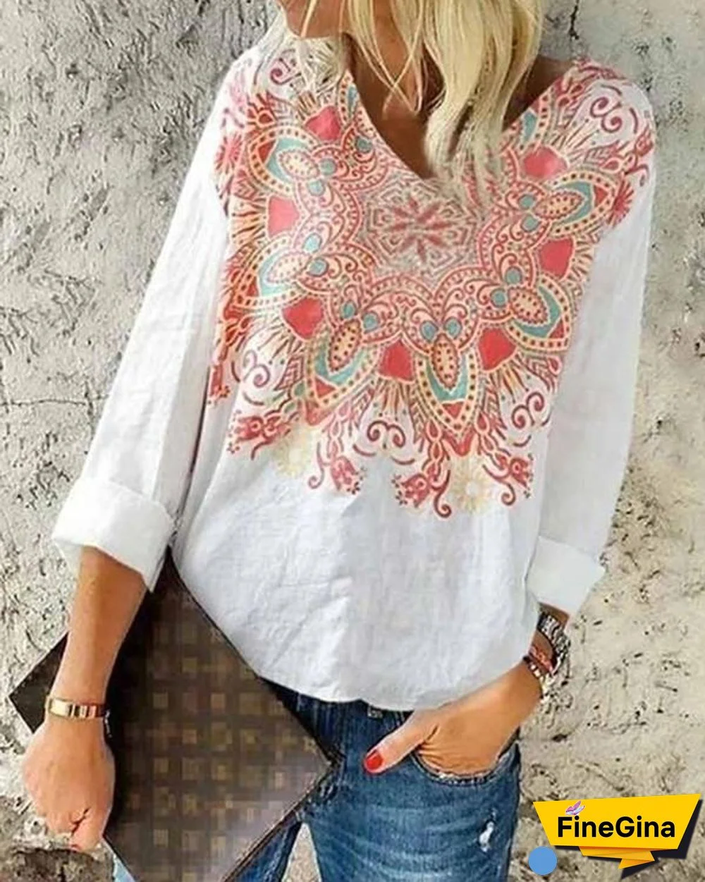 Women Long Sleeve V-neck Floral Printed Top