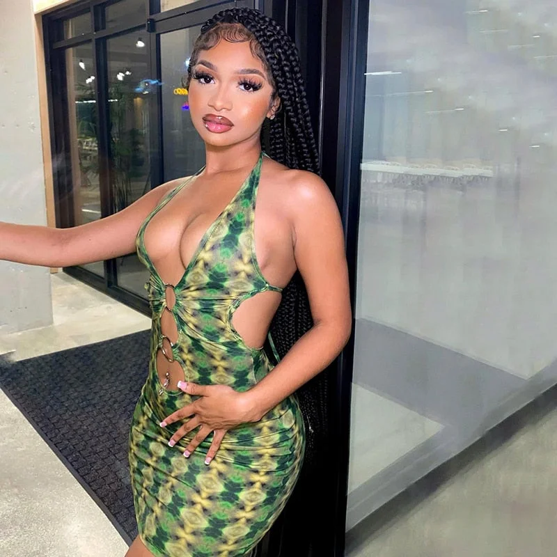 BIIKPIIK Off-shoulder Sleeveless Mini Dress Women Metal Ring Hollow Out Bodycon Backless Party Clubwear Vintage Printing Dresses