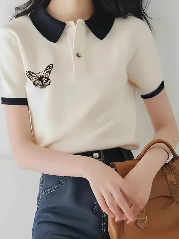 Athvotar Athvotar Butterfly Polo Collar Short-Sleeved T-Shirt Girl 2025 Summer Simple Fashion Does Not Hit The Unique Beauty Of The Top Woman