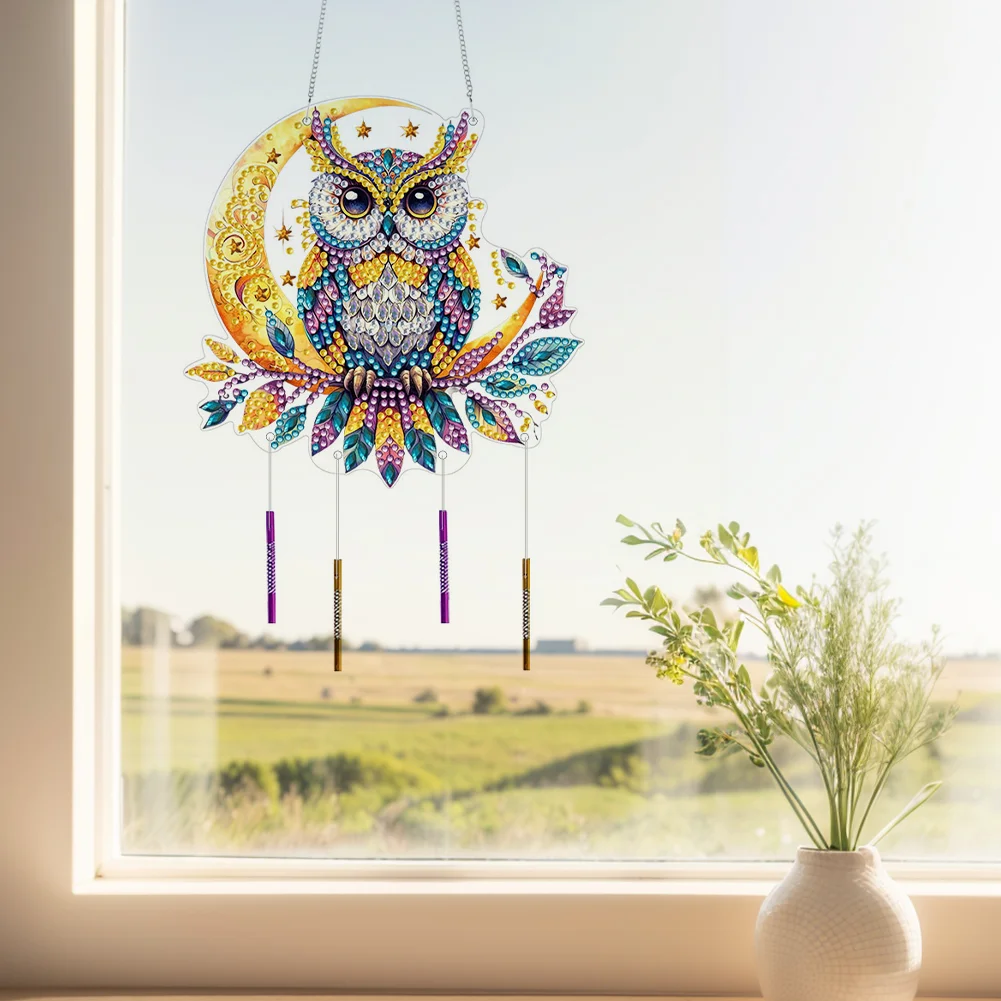 DIY Owl Double Sided Acrylic Special Shape Diamond Painting Wind Chime