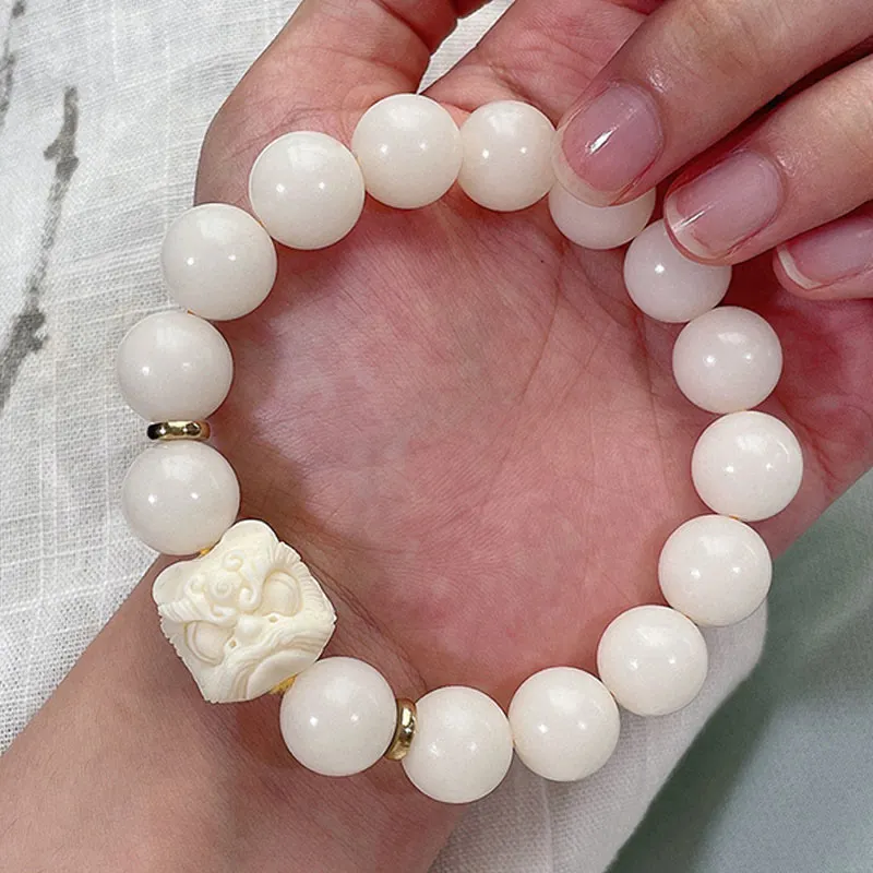 Silver Sheen Obsidian Bodhi Seed Ivory Fruit Dancing Lion Protection Bracelet