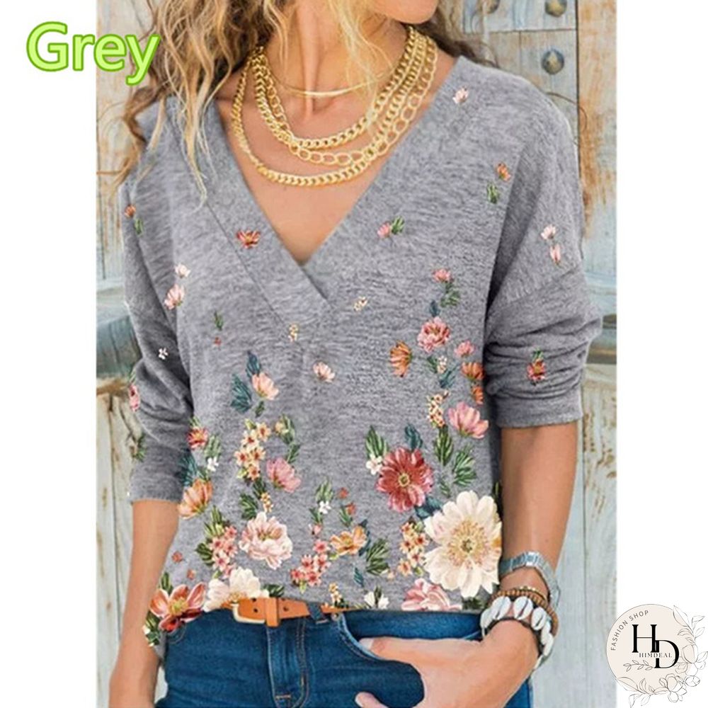 Spring and Autumn New Fashion Womens V-Neck Flowers Print Loose Long Sleeve T-Shirt Casual