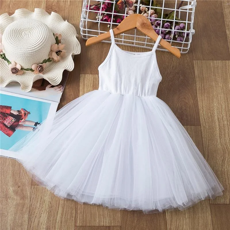 3-8Y Kids Dress for Girls Sleeveless Wedding Dress Girls Vest Party Frocks Dresses Full White First Communion Christening Gown