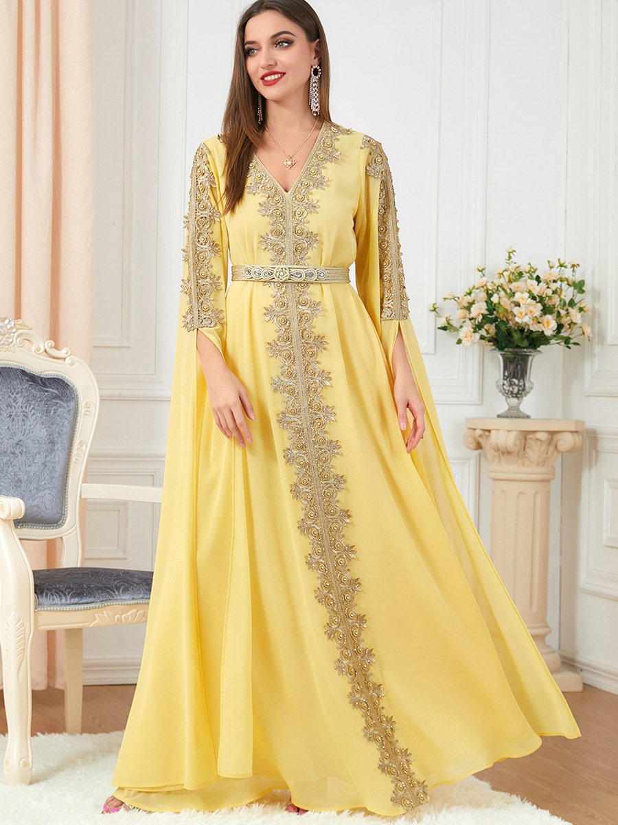 Extra Long Sleeves Embroidery Print Belt Design V Neck Solid Color Dress | Oxredo Shop Ramadan Sale