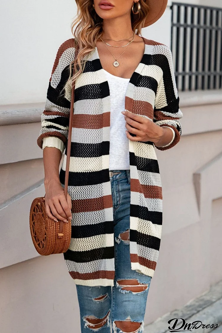 Full Size Striped Long Sleeve Openwork Cardigan