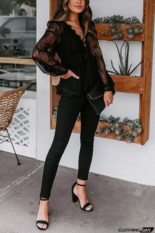 Sheer Lace V Neck Bow Tie Blouse