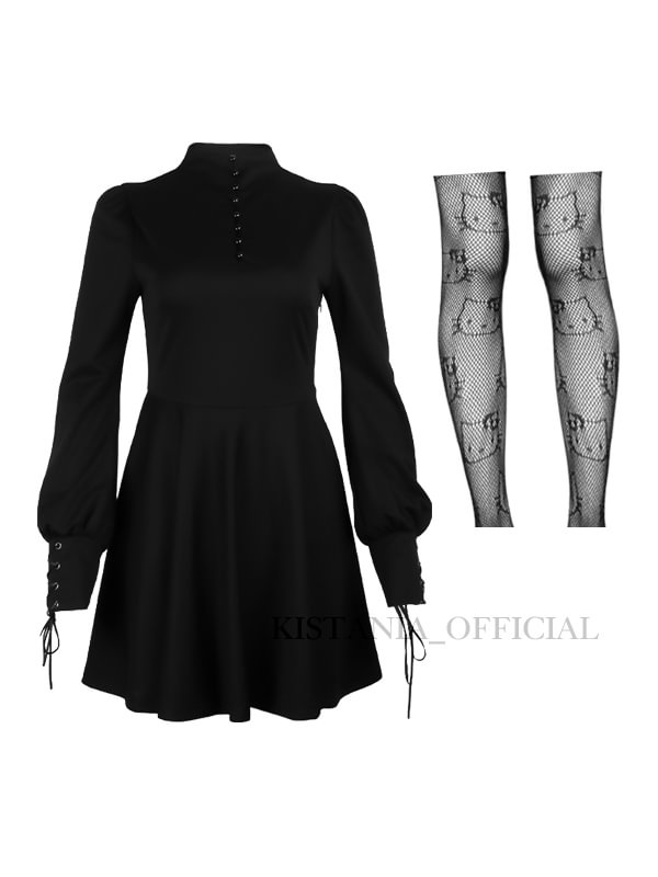 Lady From The Dark Long Sleeve Little Black Dress + Cat Pattern Sexy Fishnet Tights 2 Pieces Sets