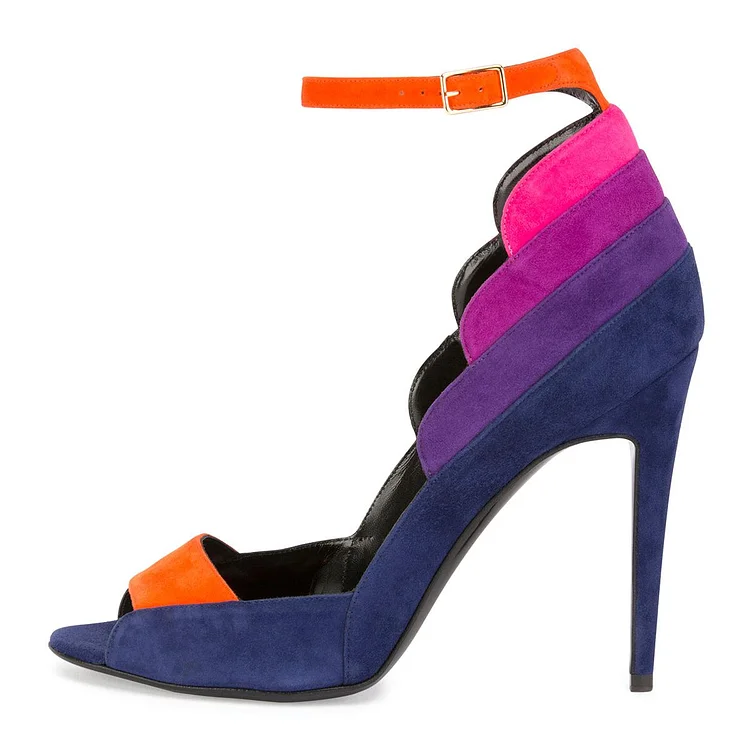 Color Block Vegan Suede Stiletto Shoes Peep Toe Ankle Strap Pumps |FSJ Shoes