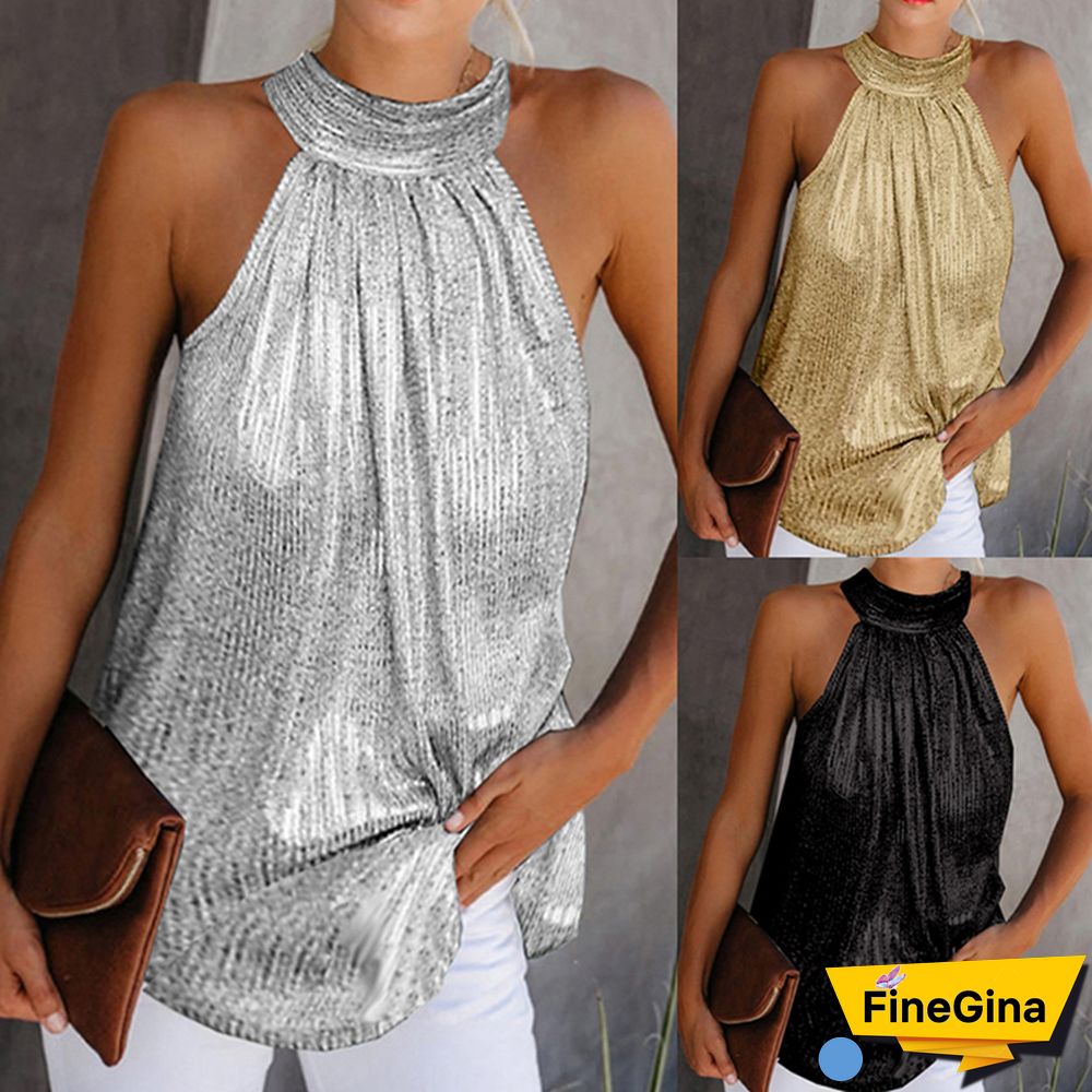 Womens Fashion Shiny Halter Neck Tank Tops Vest Ladies Summer Casual Solid Color Sleeveless T-Shirt Blouse Black Gold Silver