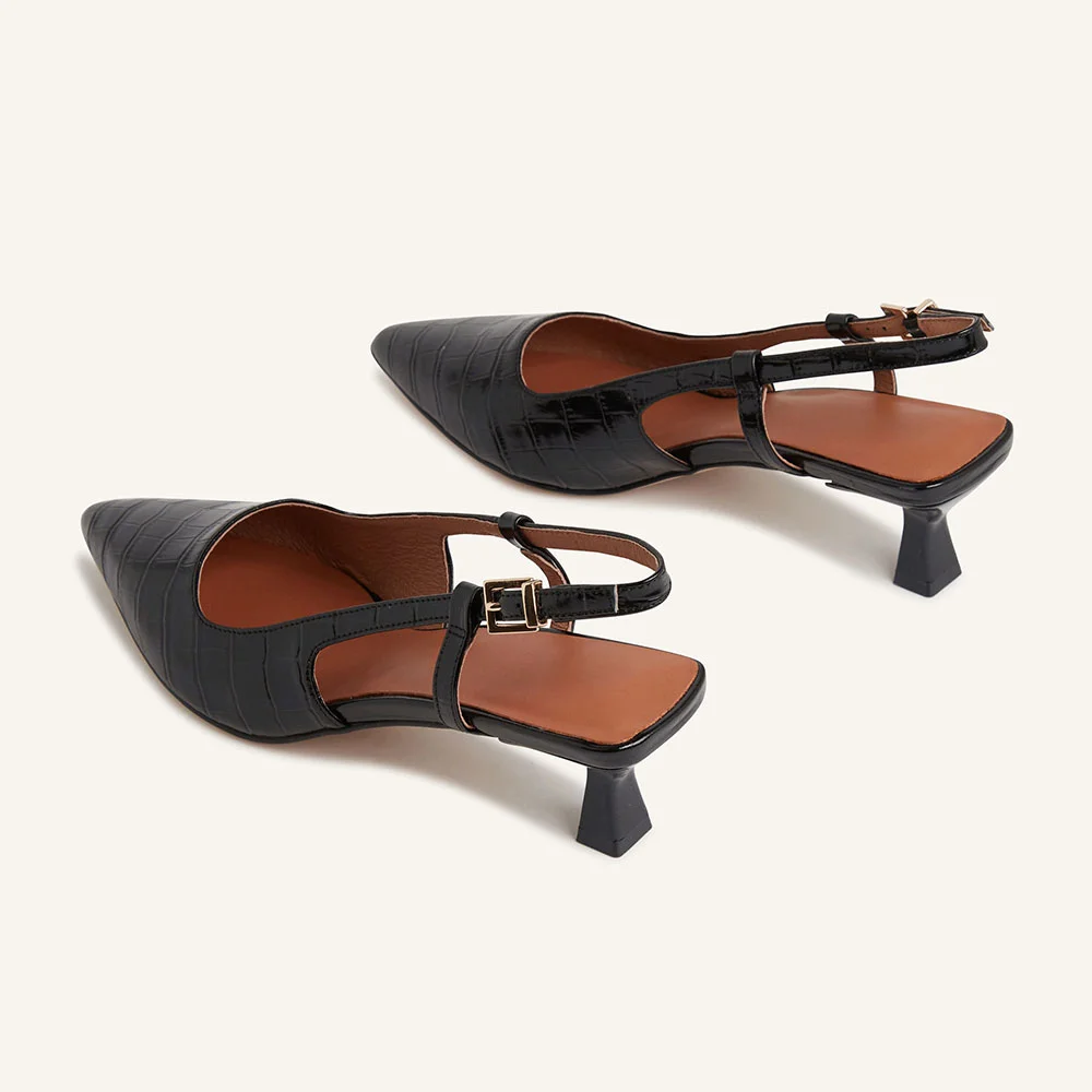 Stylish Black Crocodile Embossed Pointed Toe Slingback Heels