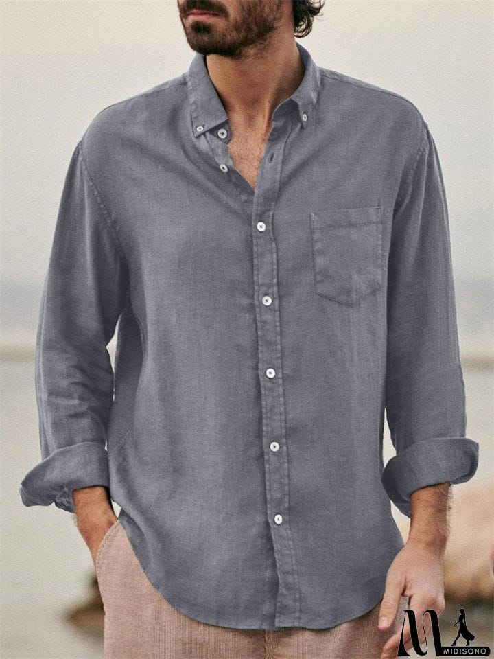 MidiSono - Men's Casual Plain Lapel Button Down Roll Up Sleeve Shirts
