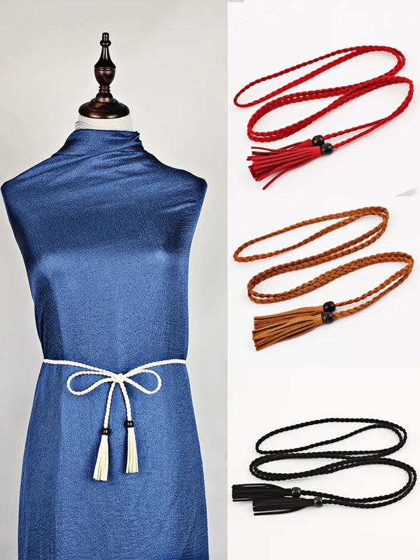 Bohemia Artificial Leather Weave Tasseled Pure Color Belt