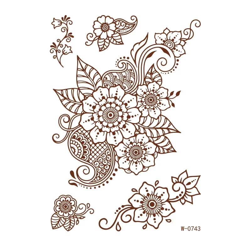 Henna Tattoo Sticker Temporary Brown Henna Chest Hand Lace Henna Mandala Flash Tattoos Sticker Body Art Arm Fake Tatoo Women Men
