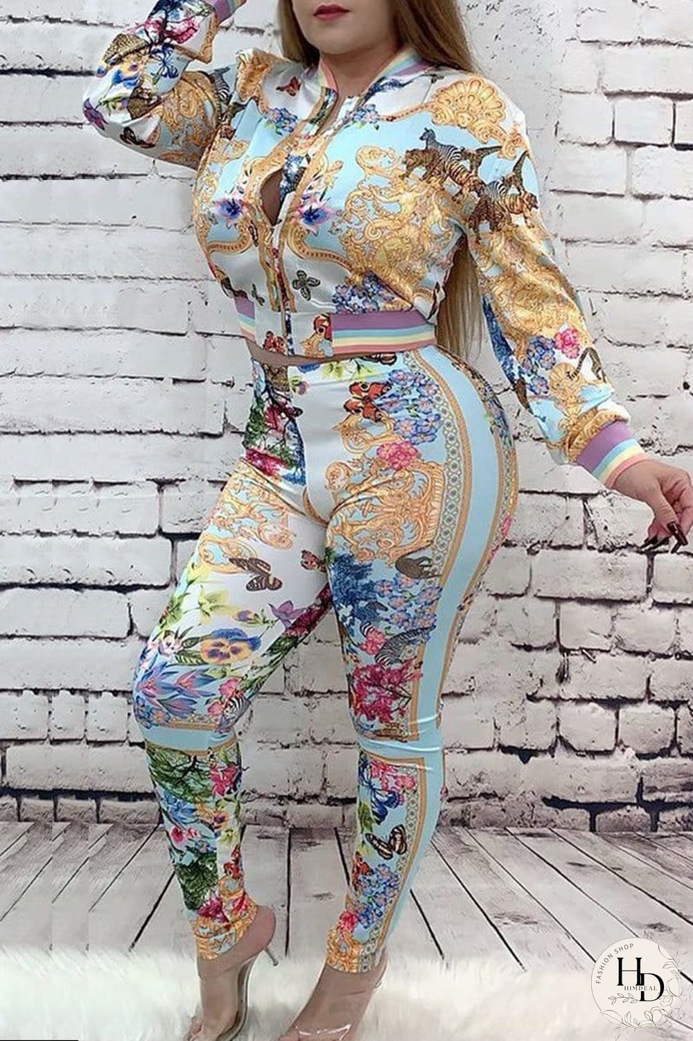 Fashion Casual Printing Zipper Two-Piece