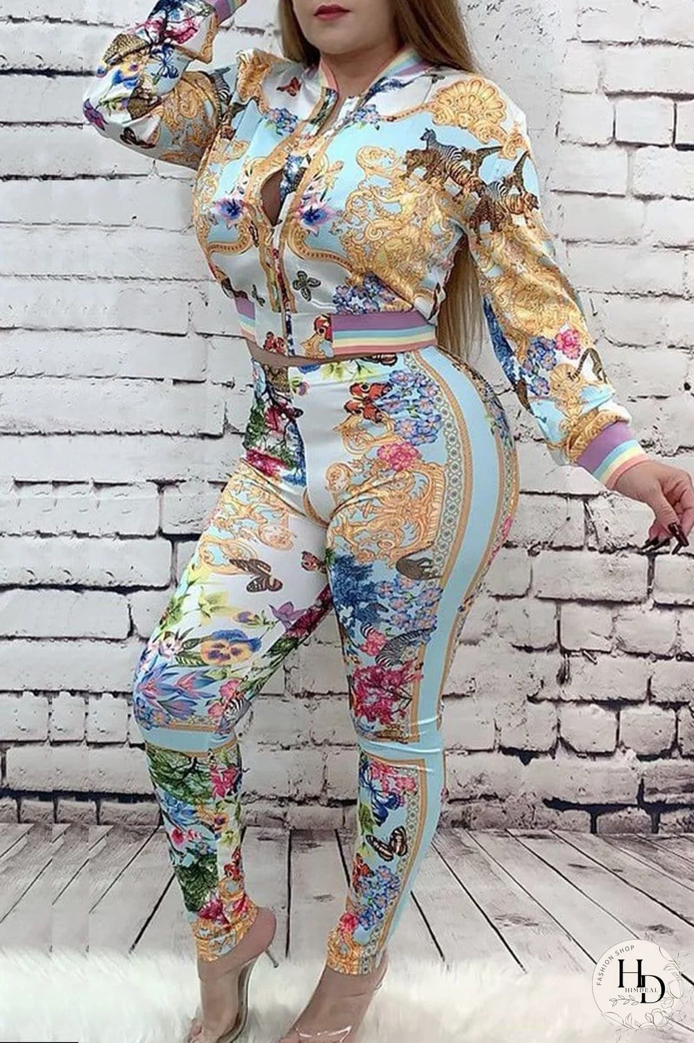 Fashion Casual Printing Zipper Two-Piece