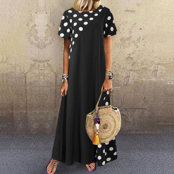 Womens Summer Polka Dot Long Dress Kaftan Short Sleeves Patchwork Casual Loose Maxi Dress Plus Size - BlackFridayBuys