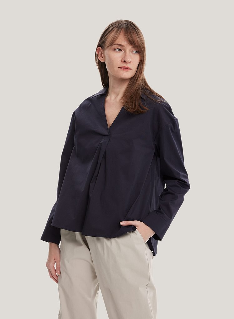 Collared Long-Sleeved Cotton Blouse