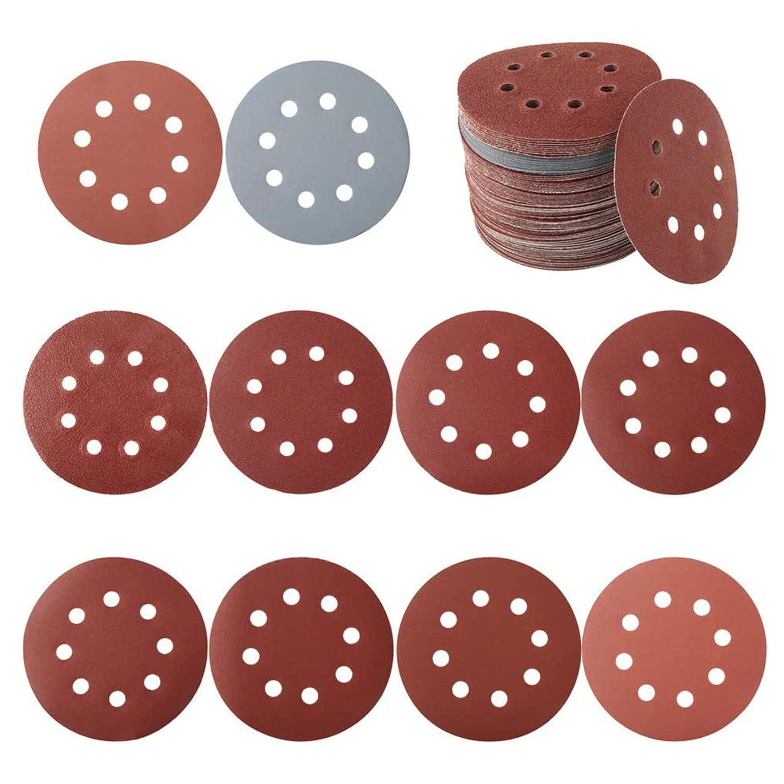 

5 inch Sanding Discs, 100pcs 8 Holes Assorted Grits Sandpaper Disc (Red), 501 Original